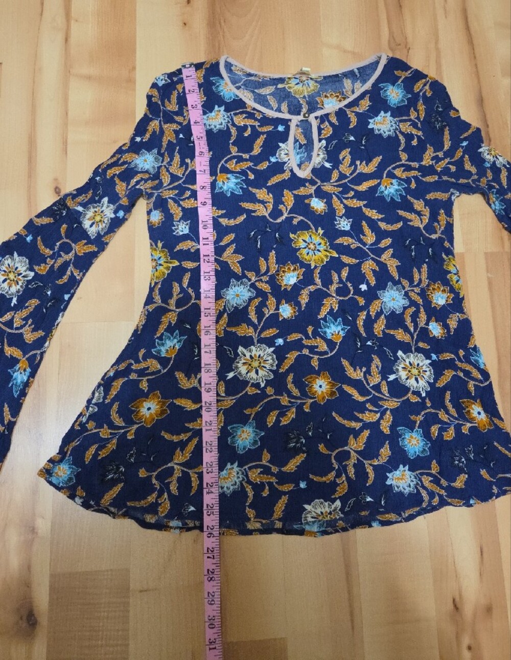 Kori America Blue Floral Rayon Blouse Lace Cuff Long Sleeve Medium - Picture 5 of 8